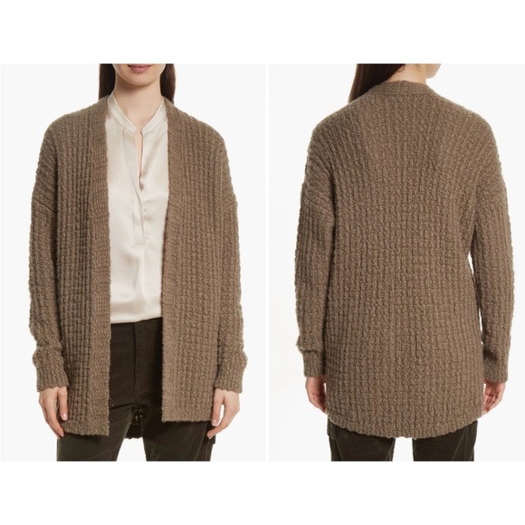 Vince Wool Cashmere Blend Waffle Stitch Open Front Cardigan Sweater Brown Gray S - Picture 2 of 9